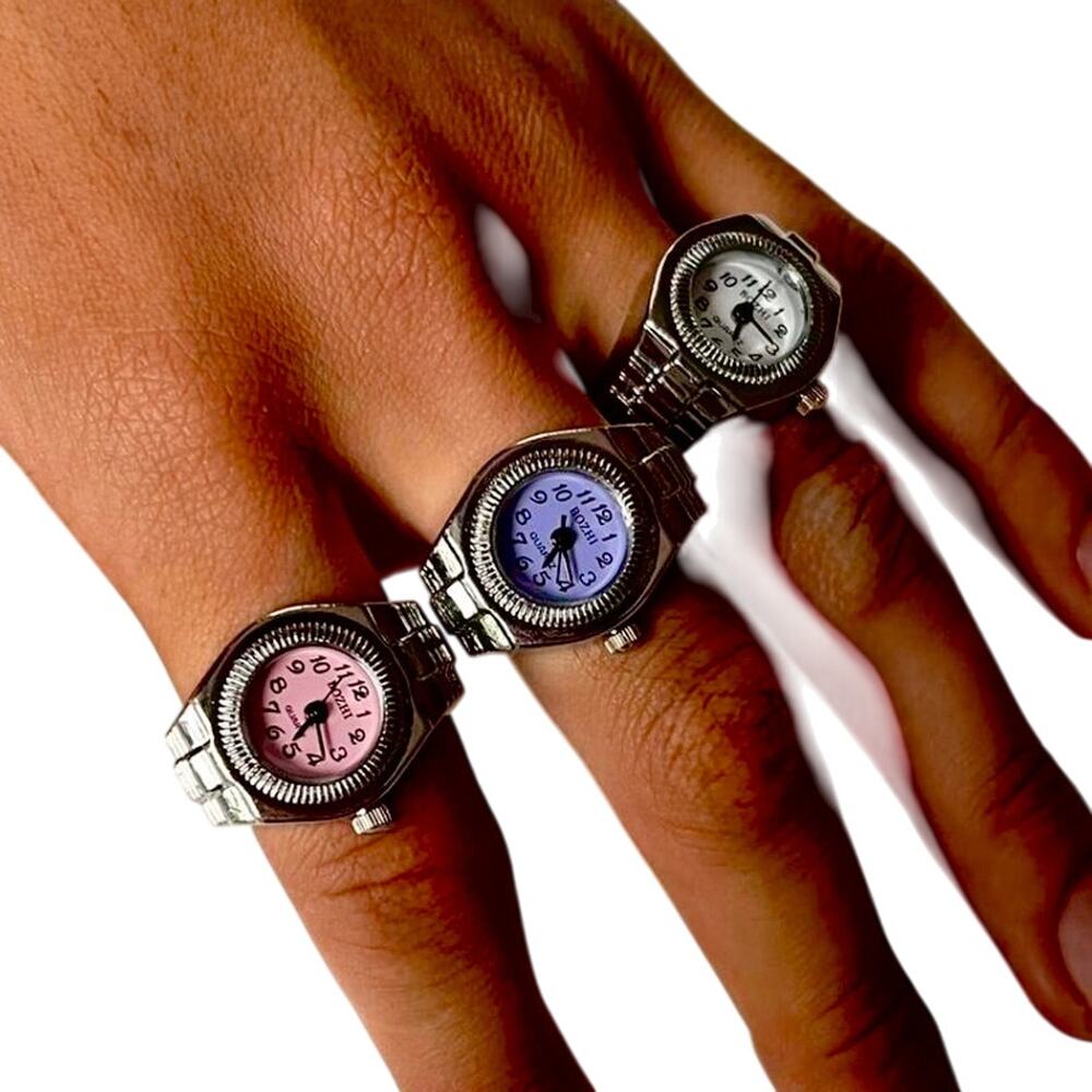 Y2K 2000s Vintage Silver Tone Watch Ring Round Face Unisex Elastic Band NEW